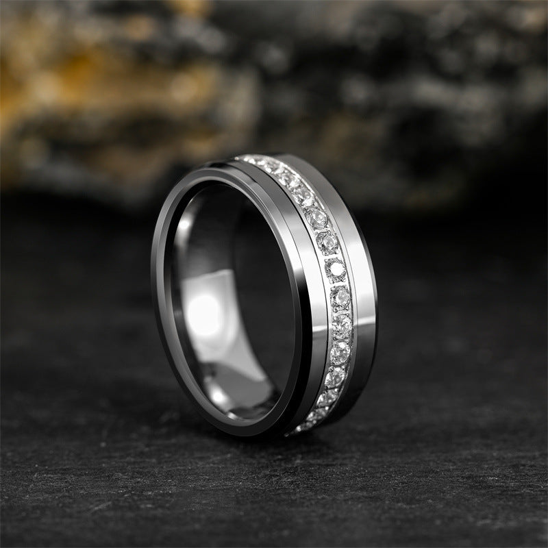 Bague en tungstène argenté unisexe à une rangée de diamants incrustés de pente