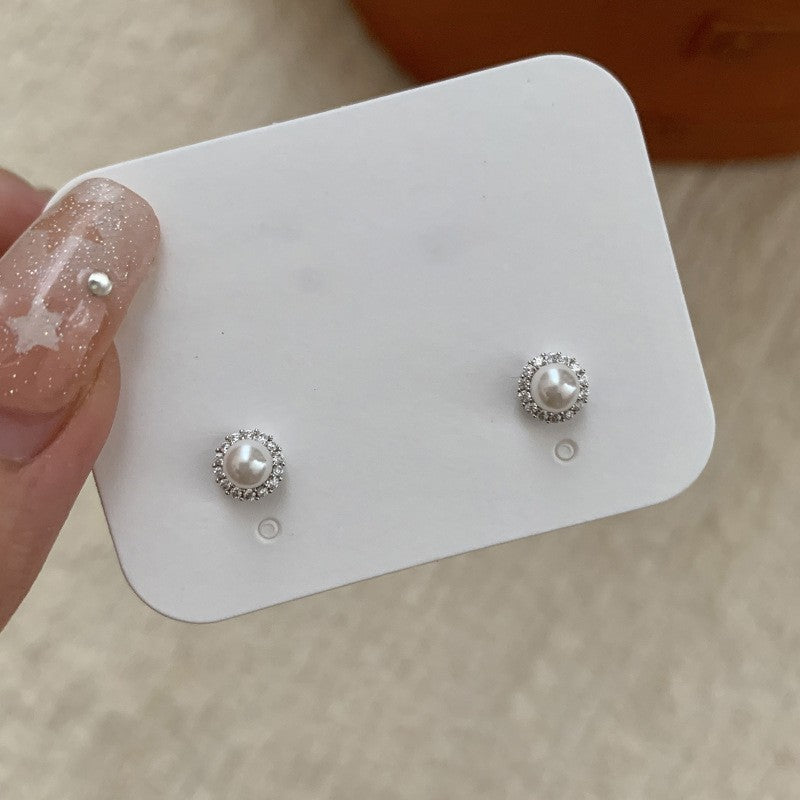 925 Sterling Silver Needle Pearl Stud Earrings Women's All-match Refined Simple