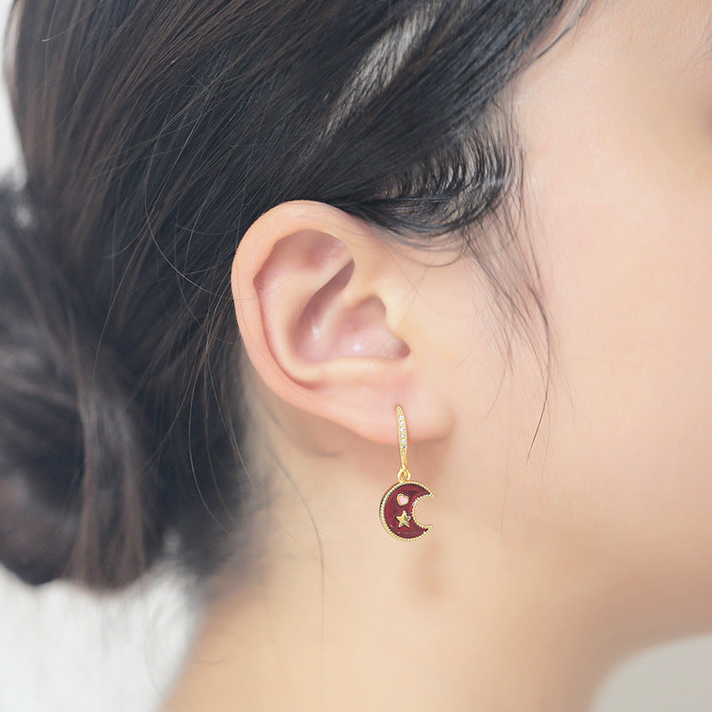 Universe Star Moon Earrings Creative Personality Drop Oil Diamond Simple Jewelry