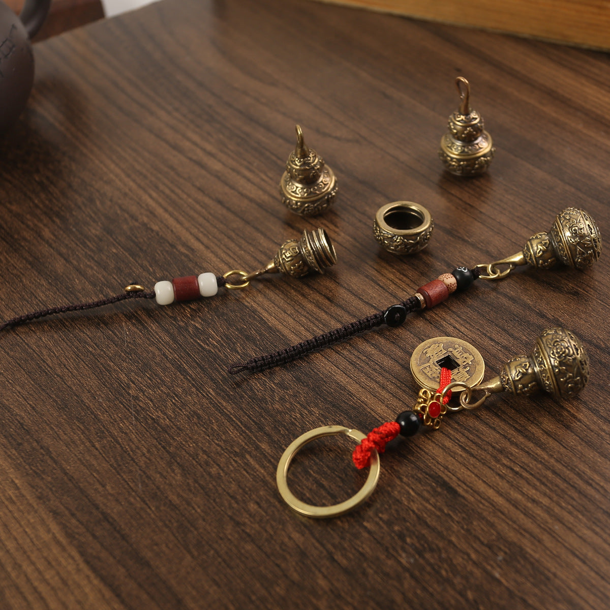 Pendentif porte-clés rétro en cuivre pur, gourde riche, ouverture centrale