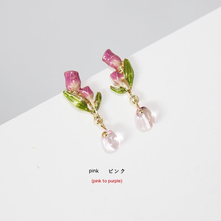Enamel Dripping Tulip Sterling Silver Needle Earrings