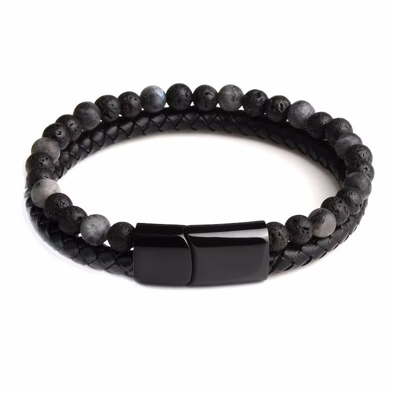 Bracelet en pierre naturelle en corde de cuir en alliage pour hommes