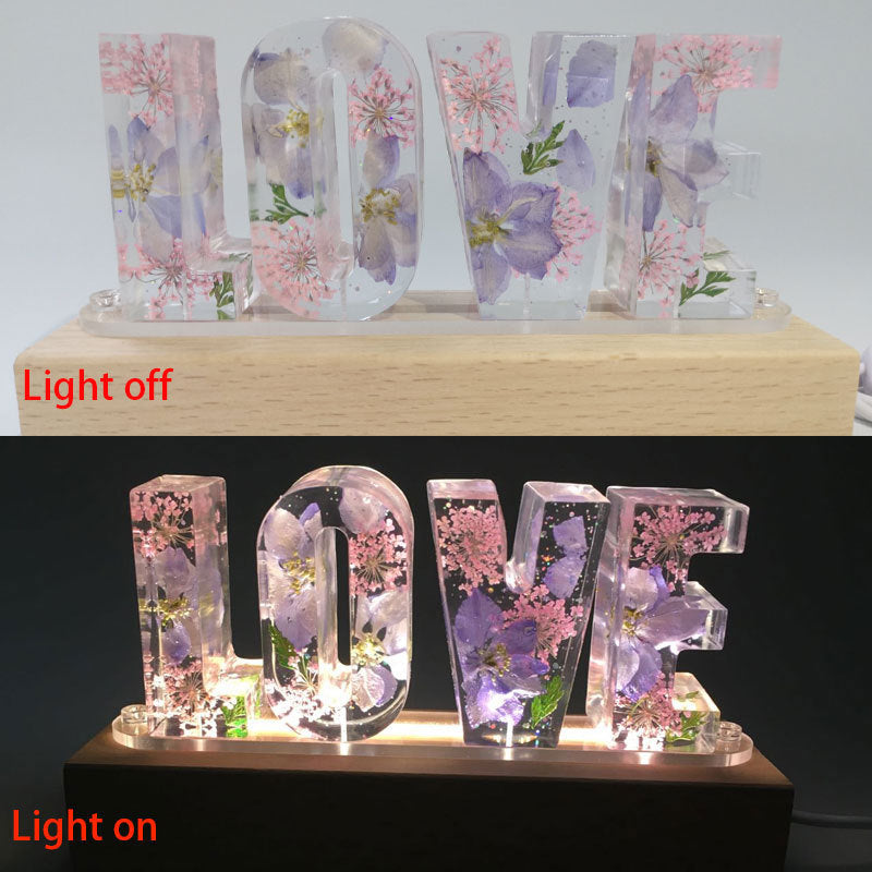 Lámpara de mesa con letras de amor, luz nocturna creativa con flores secas
