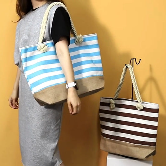 Bolso de playa a rayas Bolsos de hombro informales de gran capacidad para mujer