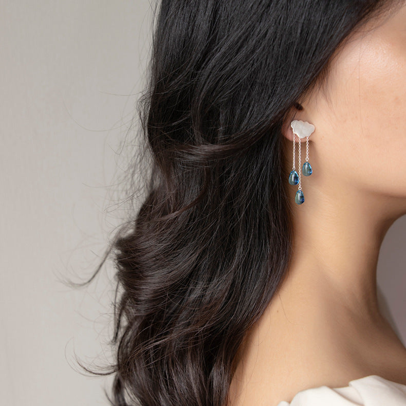 Cloud Raindrop Sterling Silver Imitation Crystal Women's Tassel Fairy Earrings