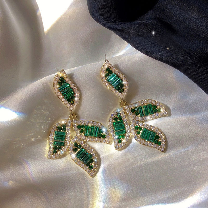 Personalized High Profile Rhinestone Sterling Silver Needle Green Leaf-shaped Earring