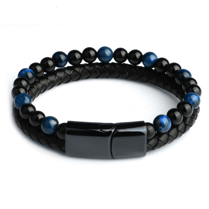 Bracelet en pierre naturelle en corde de cuir en alliage pour hommes