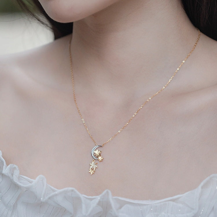 Autumn Winter Japanese And Korean Maple Leaf White Zirconium 925 Silver Necklace Women's