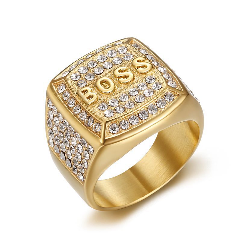 Titanium Steel Vacuum Plating Rhinestone Square BOSS Letter Men's Ring