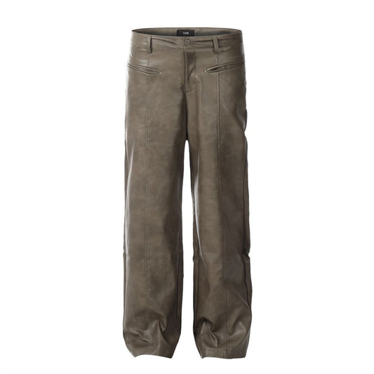 Men's PU Leather Loose Straight Split Stitching Wide-leg Casual Pants