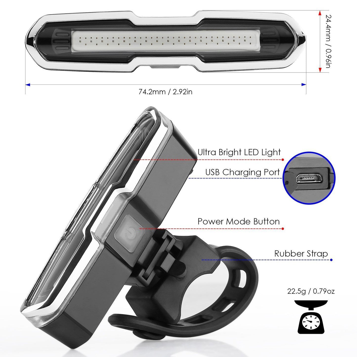 Feux arrière USB rouges et bleus, voyant d'avertissement pour vélo de montagne