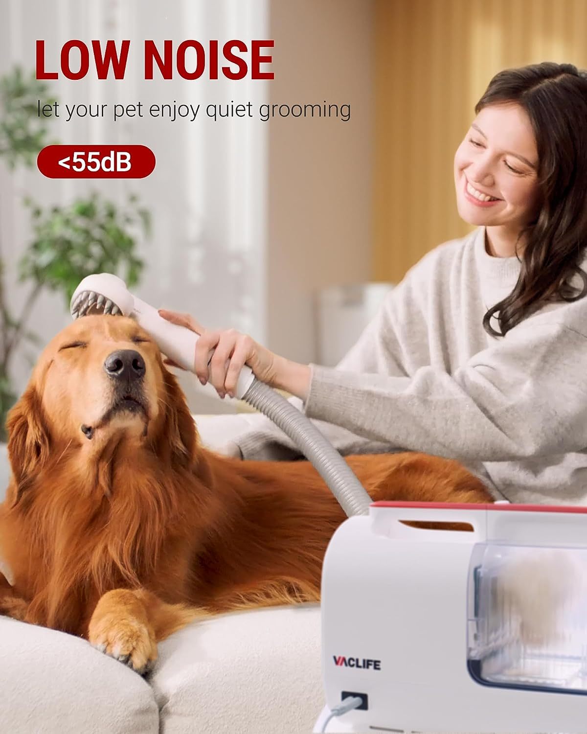 VacLife Aspirateur pour poils d'animaux avec tondeuse pour chien – Kit de toilettage polyvalent avec brosses et autres outils de toilettage pour chiens et chats – Faible bruit – Blanc et rouge