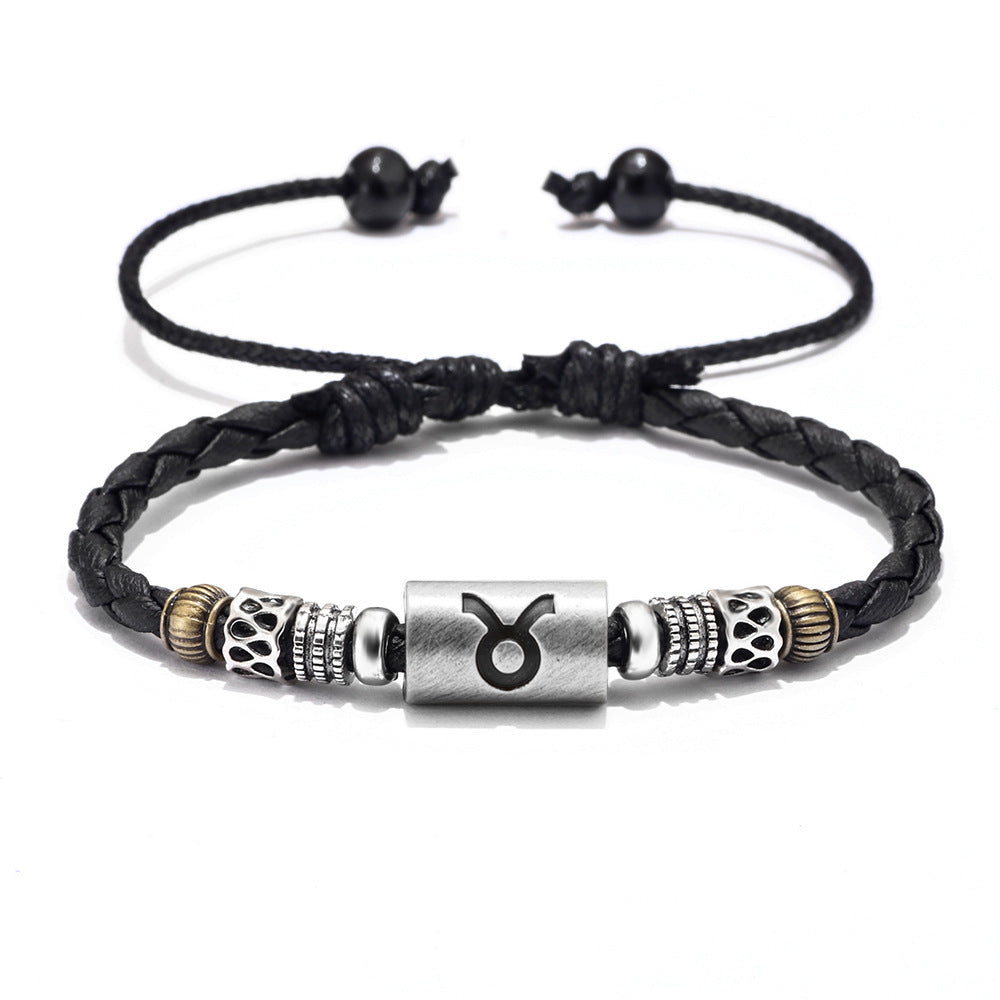 Fashion Personality Trend Twelve Constellation Symbol Leather Rope Braided Rope Bracelet