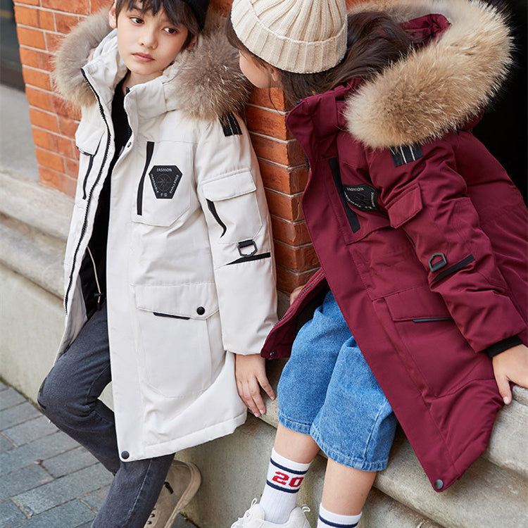 Doudoune enfant garçon mi-longue épaississement grande taille col fourrure manteau