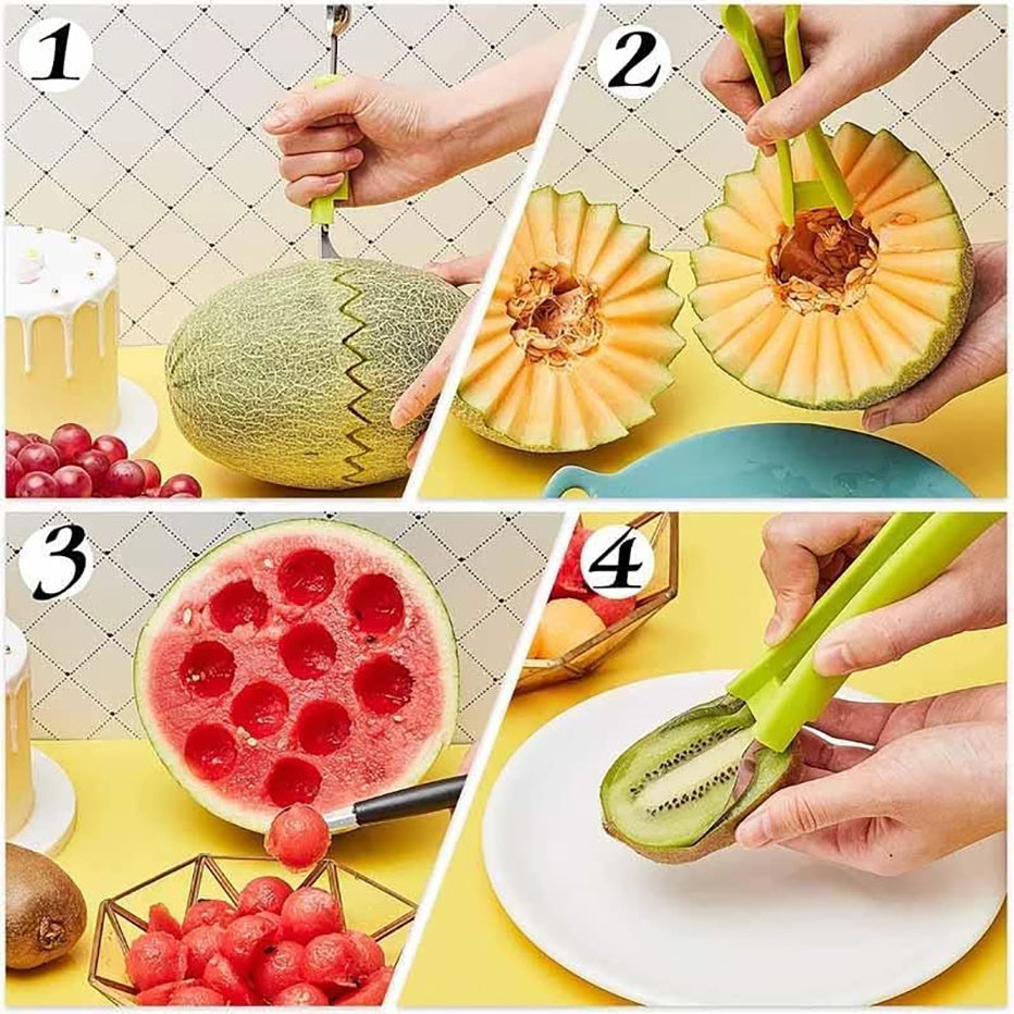 Ensemble d'outils professionnels de sculpture de fruits de coupe-pastèque en acier inoxydable 4 en 1, couteau à pastèque pour enlever les graines de fruits, couteau à pastèque pour séparateur de pulpe, trancheuse de fruits, ensemble de cuillères à melon