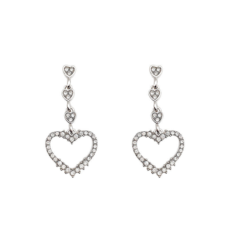 Boucles d'oreilles en argent Sterling pour femmes, aiguille scintillante, strass complets, cœur d'amour, Ins