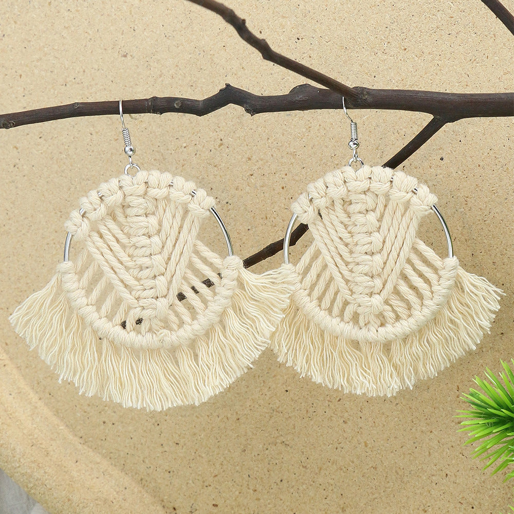 Boucles D'oreilles Pompon Bohème Tissage Fait Main Style Ethnique Bois