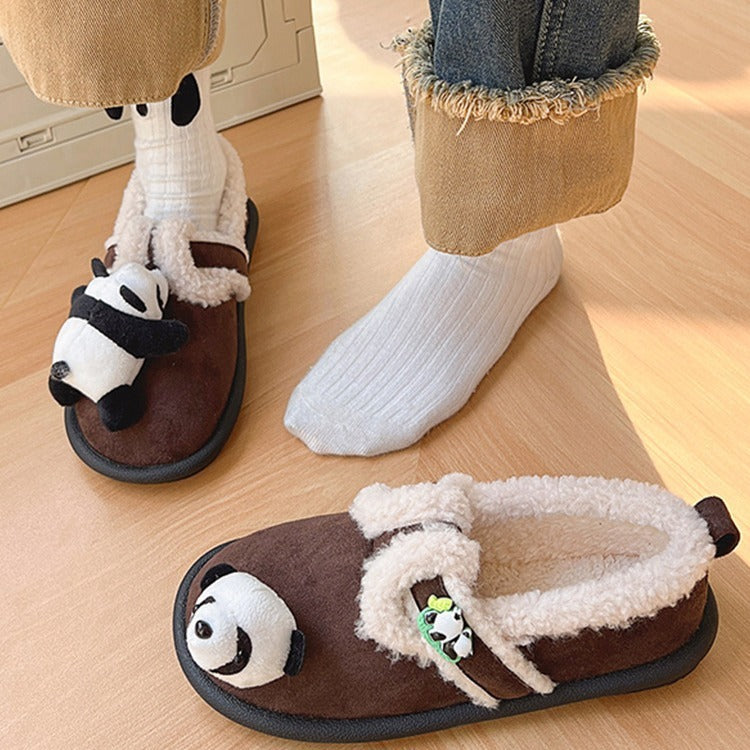 Chaussures en coton Panda de dessin animé épais doublées de polaire d'agneau mignonnes