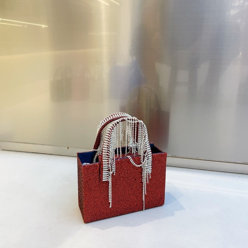 Bolso cuadrado pequeño con cadena de borlas de diamantes de imitación rojos de National Network, portátil de moda