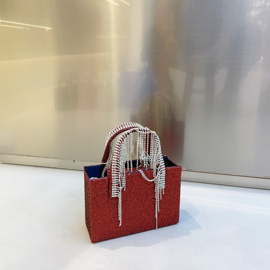 Bolso cuadrado pequeño con cadena de borlas de diamantes de imitación rojos de National Network, portátil de moda