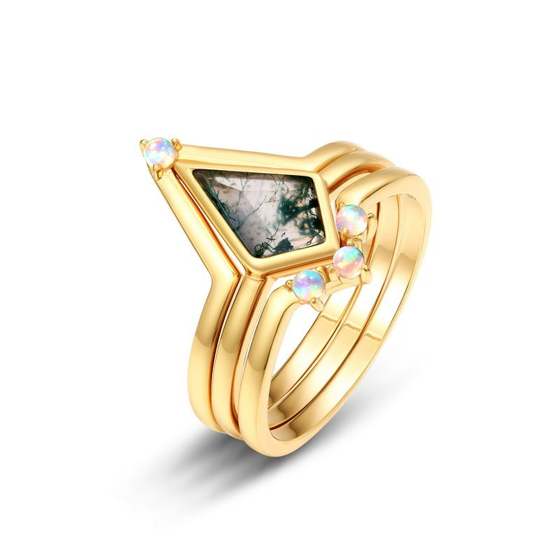 Bague femme en argent S925 incrustée de pierre de mousse verte