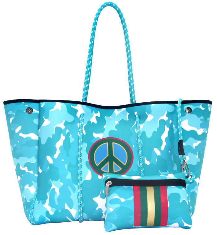 Bolso de playa portátil negro impreso con estampado de leopardo, viaje de ocio