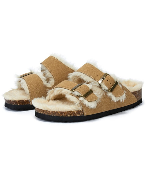 Pantoufles en liège Boken en cuir givré à fond plat en peluche d'automne et d'hiver