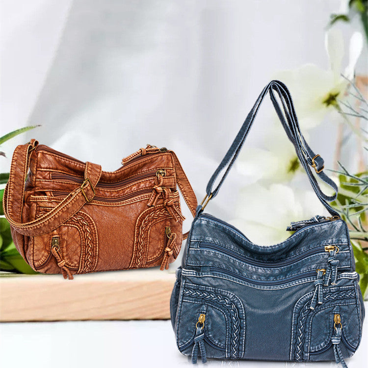 Sac messager à bandoulière tissé en cuir lavé rétro à la mode pour femmes