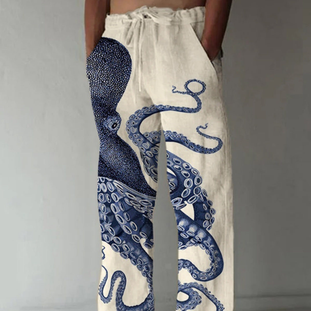 Men's Loose Casual Straight-leg 3D Printed High Waist Wide Leg Pants