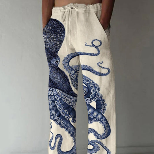 Men's Loose Casual Straight-leg 3D Printed High Waist Wide Leg Pants
