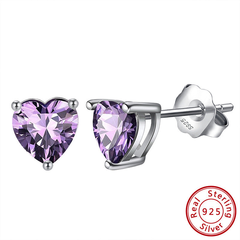 S925 Loving Heart In Sterling Silver Zircon Birthstone Stud Earrings