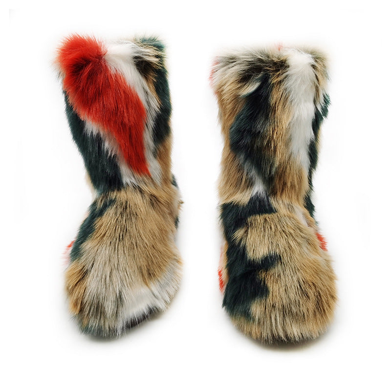 Bottes de neige en peluche pour femmes, bottes mi-hautes plates de couleur grande taille