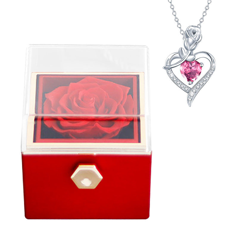 Rotatable Preserved Fresh Flower Necklace And Rose Box Suit