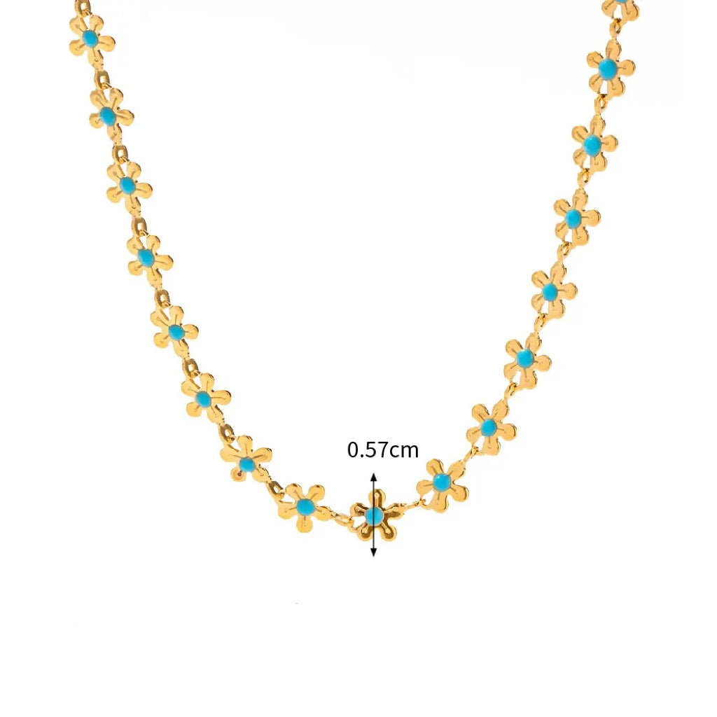 Gold Blue With Flowers Drop Oil Necklace Titanium Steel