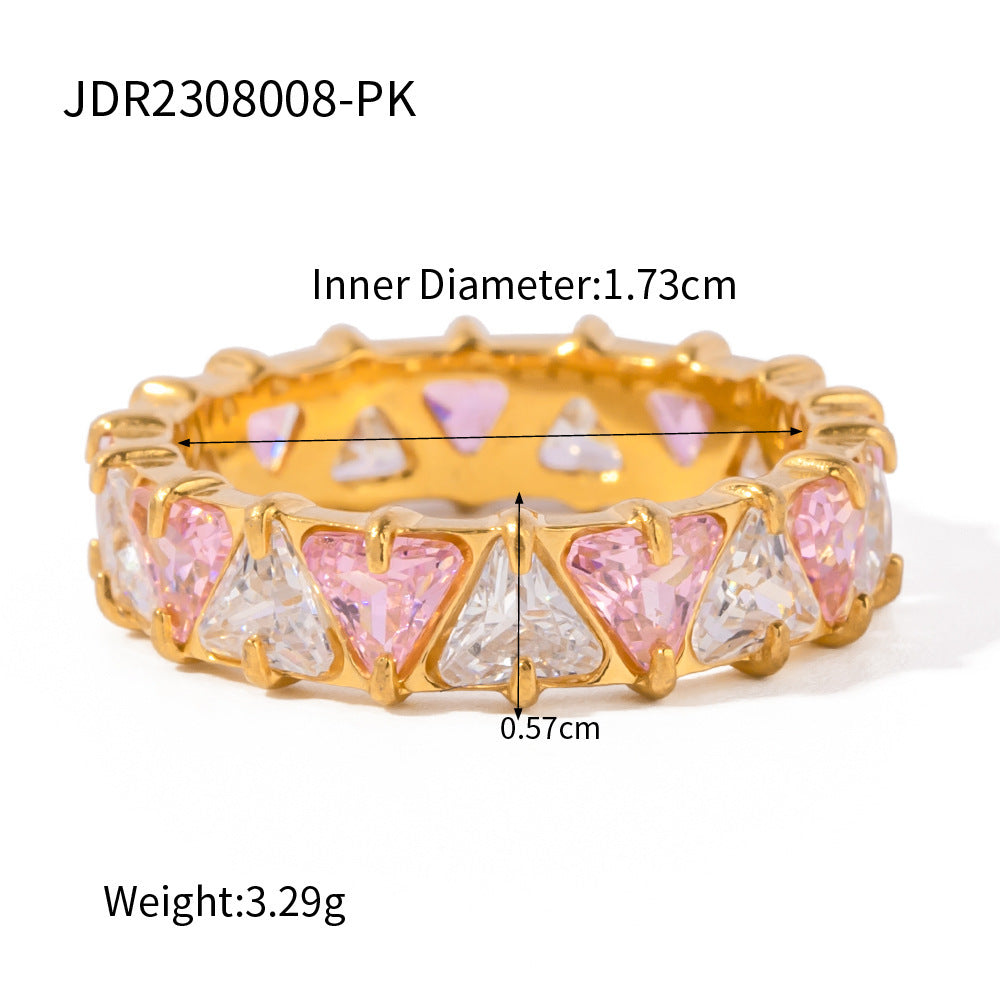 Anillo de circón triangular con incrustaciones de acero inoxidable de oro de 18 quilates estilo Ins europeo y americano