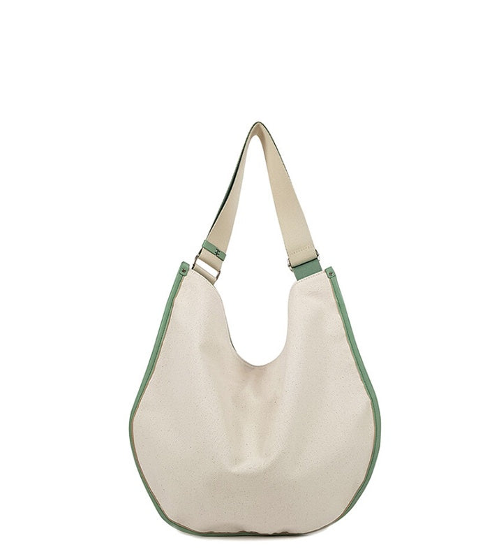 Contrast Color Texture Drawstring Tote Large Capacity Canvas Stitching Leather Simple Bag