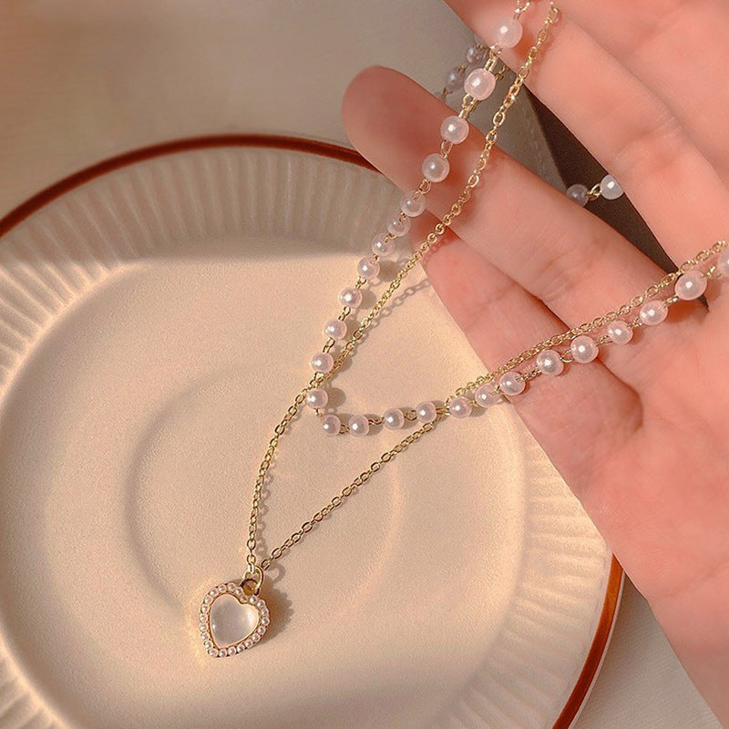 Women's Pearl Double-layer Opal Heart Necklace