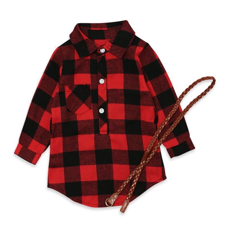 Robe longue à carreaux rouge pour filles avec ceinture