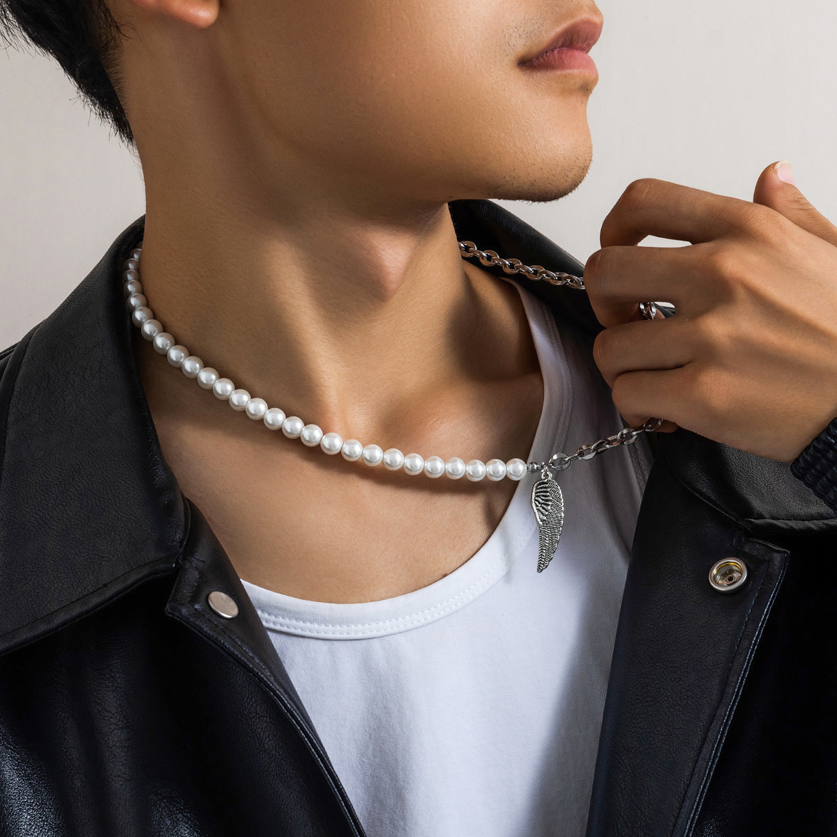 European Hip Hop Stainless Steel Pearl Stitching Necklace