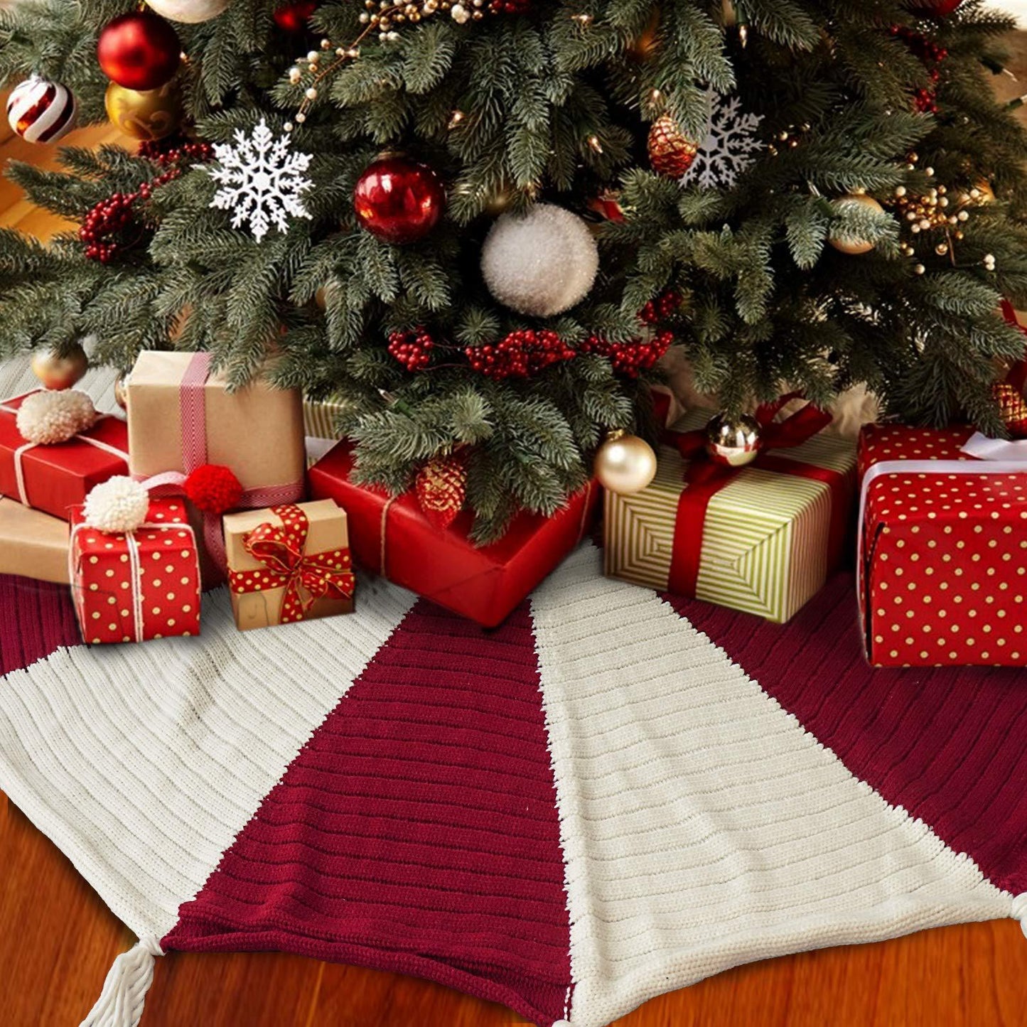 Décoration de fond d'arbre de noël, jupe d'arbre de noël tricotée à pampilles rouges et blanches