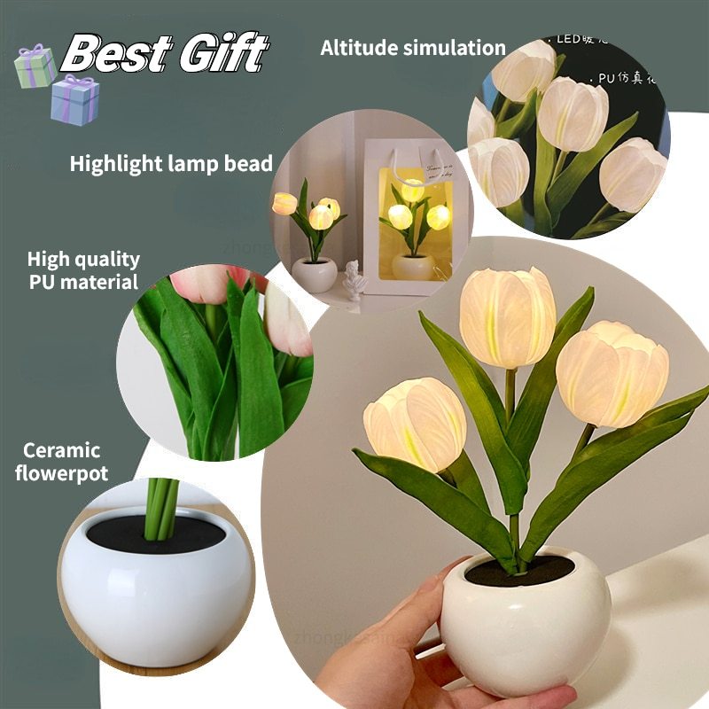 Lámpara LED de noche de tulipán, lámpara de mesa de flores de simulación, decoración de la habitación del hogar, lámpara de ambiente, regalo romántico en maceta para luces LED de oficina