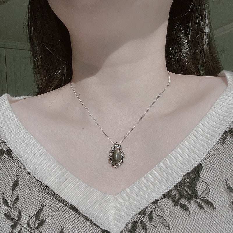 925 Thai Silver Natural Obsidian Pendant Necklace