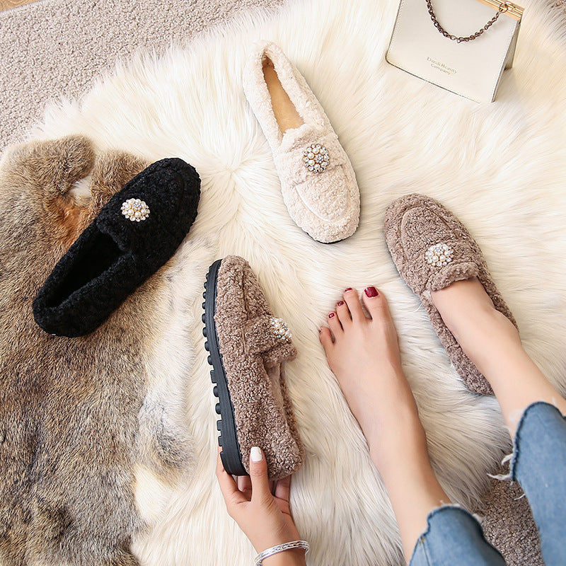 Zapatos al aire libre para mujer, otoño e invierno, lana de cordero, parte inferior plana, sin cordones, parte inferior gruesa, talla grande