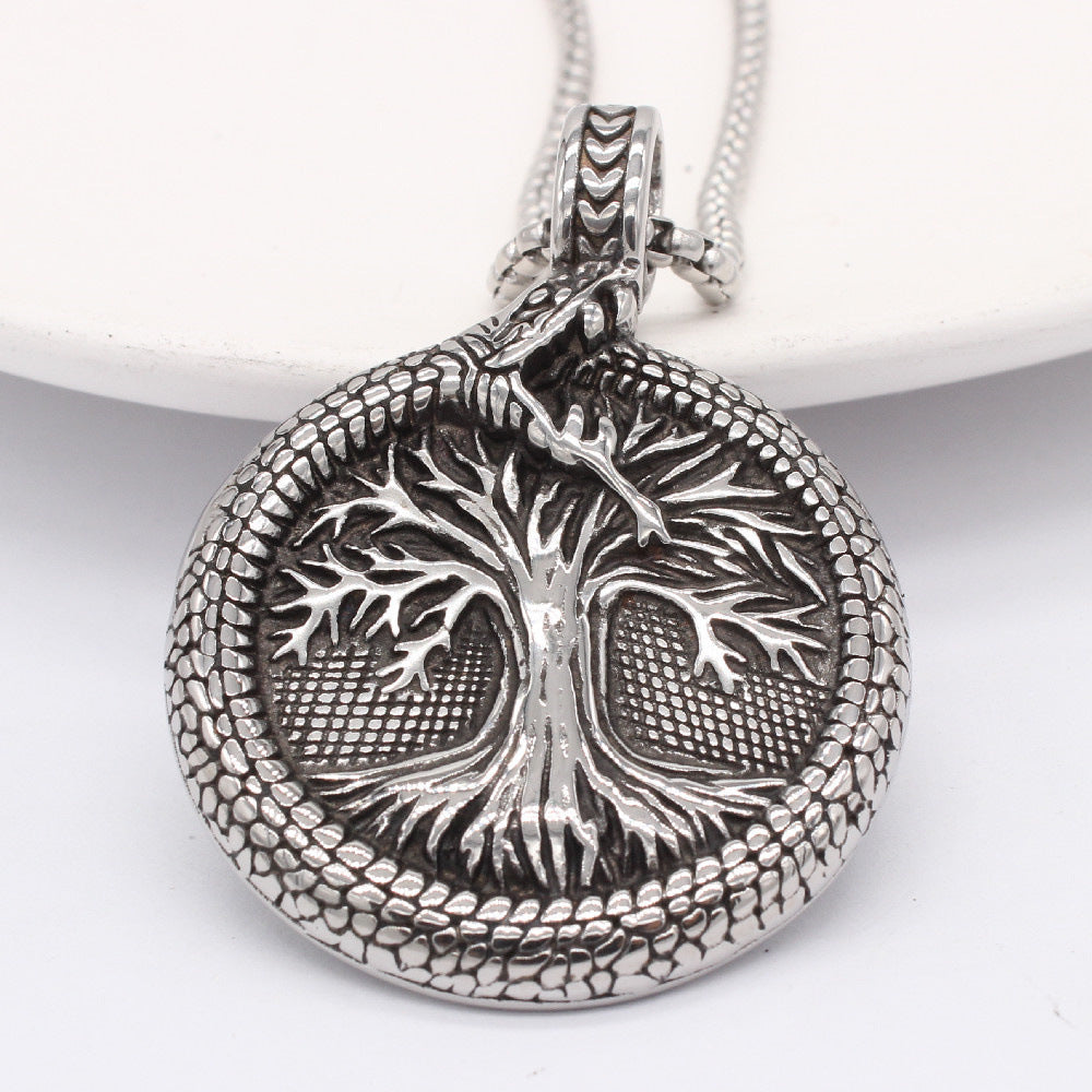 Viking Lucky Tree Titanium Steel Round Plate Pendant Necklace