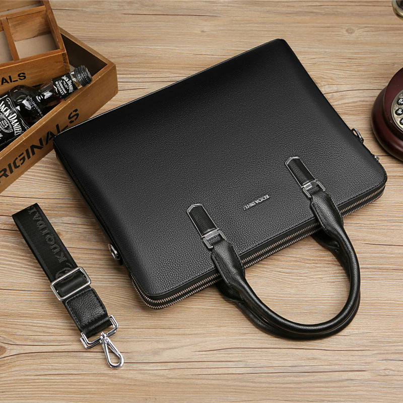 Bolso de mano para hombre, doble tirón, gran capacidad, bolso para ordenador de negocios, sensación táctil de cuero auténtico