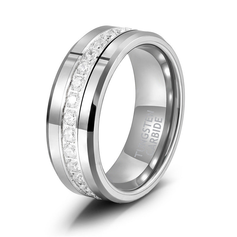 Bague en tungstène argenté unisexe à une rangée de diamants incrustés de pente