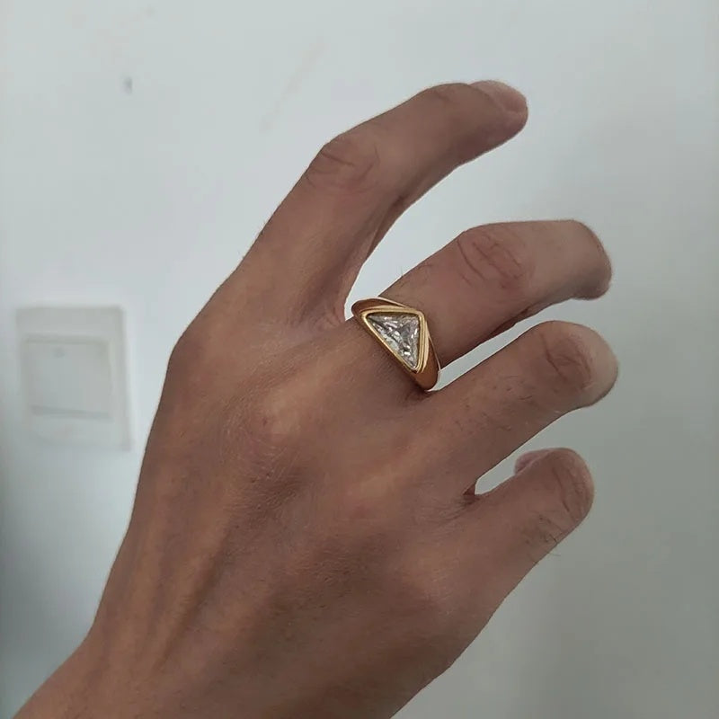 Triangle Zircon Ring Titanium Steel Plated 18K Gold