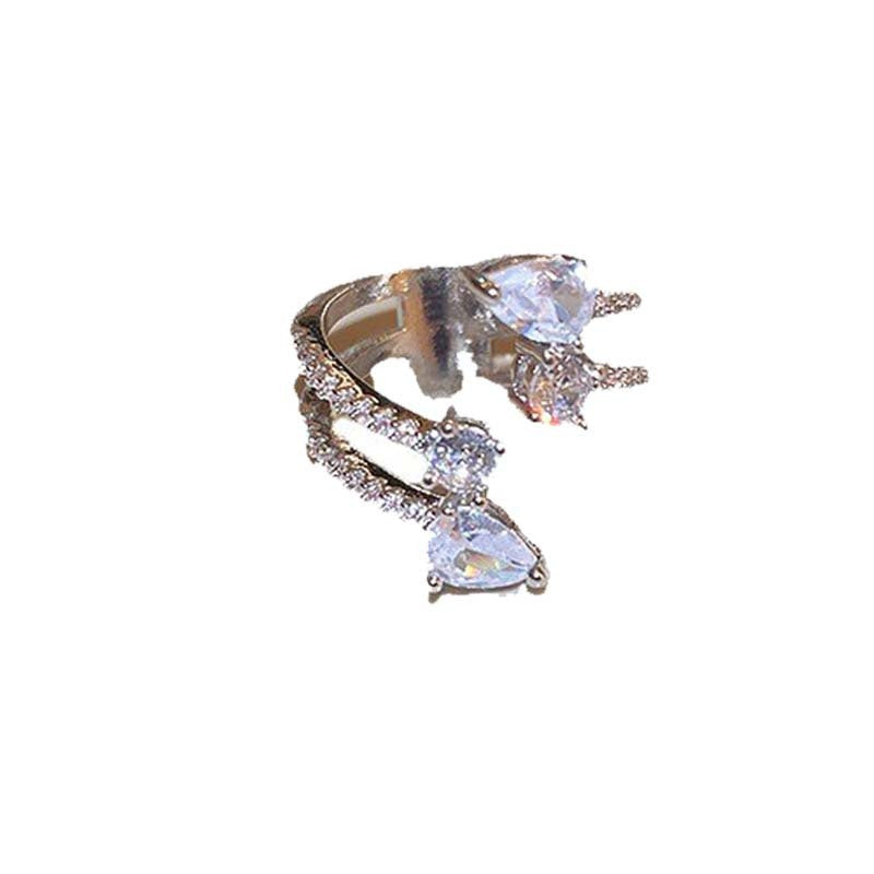 Anillo abierto de doble capa con gotas de agua y circón de viento frío