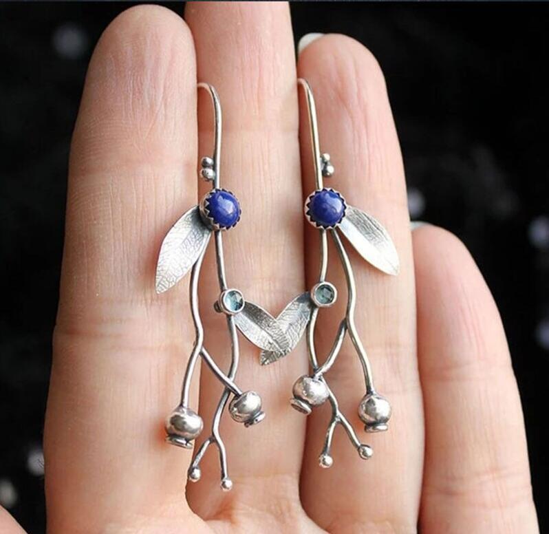 Boucles d'oreilles Vintage Branches de vigne, feuilles simples européennes et américaines, perles en pierre bleue, crochets d'oreille