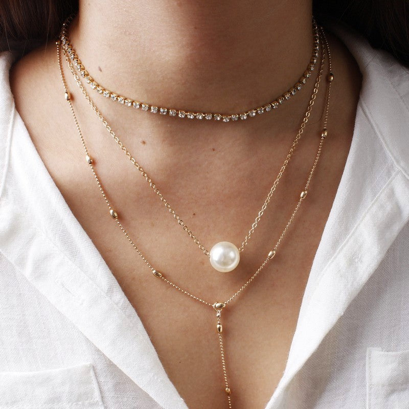 Women's Crystal Pendant Three-layer Necklace Set